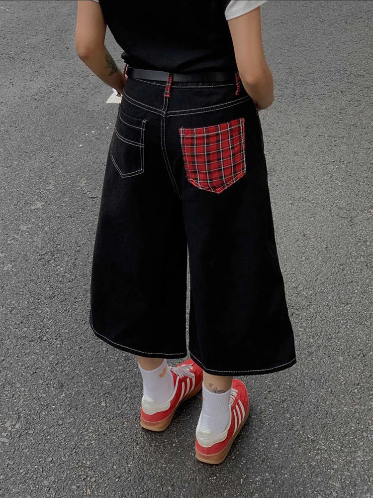 

Summer Women's Red Checkered Pocket Cropped Jeans Young Girl Wide Leg Denim Shorts Female High Waist Loose Retro Capris Pants