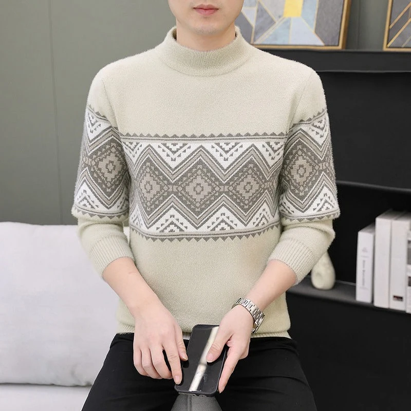 Mink-like Knit Pullover for Young Men Autumn Winter Warm Pilling Resistant Versatile Printed Half High Neck Base Top Sweater