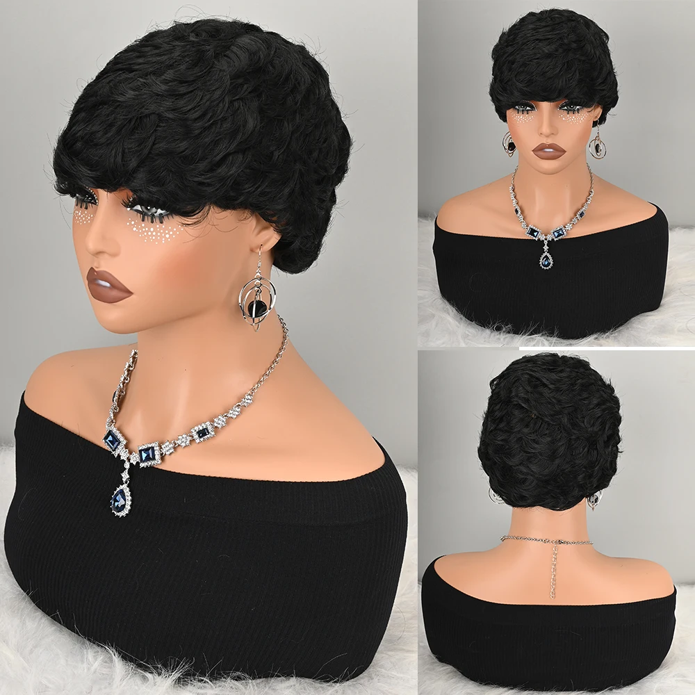 Black Short Curly Pixie Wig with Bangs Synthetic Fiber Machine Made Wigs for Women Soft Voluminous Style Wig for Daily Cosplay Party Costume Use