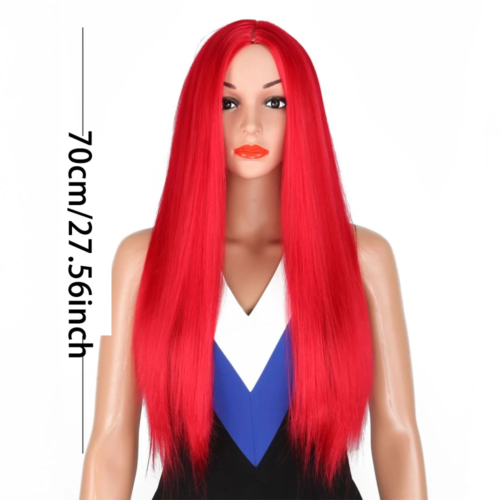 1PCS 28inch Long Straight red Middle Part bangs Synthetic Hair Wigs Heat Resistant Glueless Rose Net Cap Cosplay halloween wigs