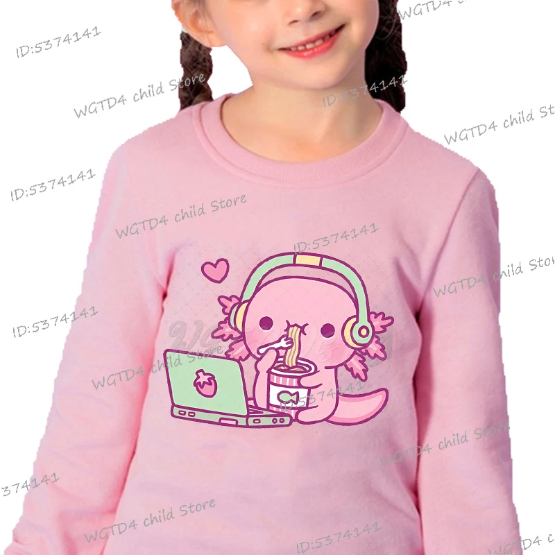 Axolotl Gamer Kids Clothing 3-13 Years Cartoon Axolotl Eat Noodles Tracksuit Creative Anime Axolotl Girls Boys Pink Sweatshirtc