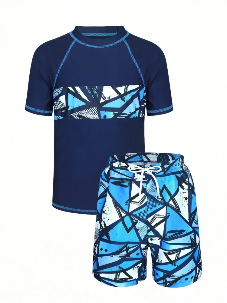 Boy Kids Swimsuit 2026 New Blue Short Sleeve Children Swimwear Summer Two Piece Beach Shorts Beachwear Bathing Suit For Swimming