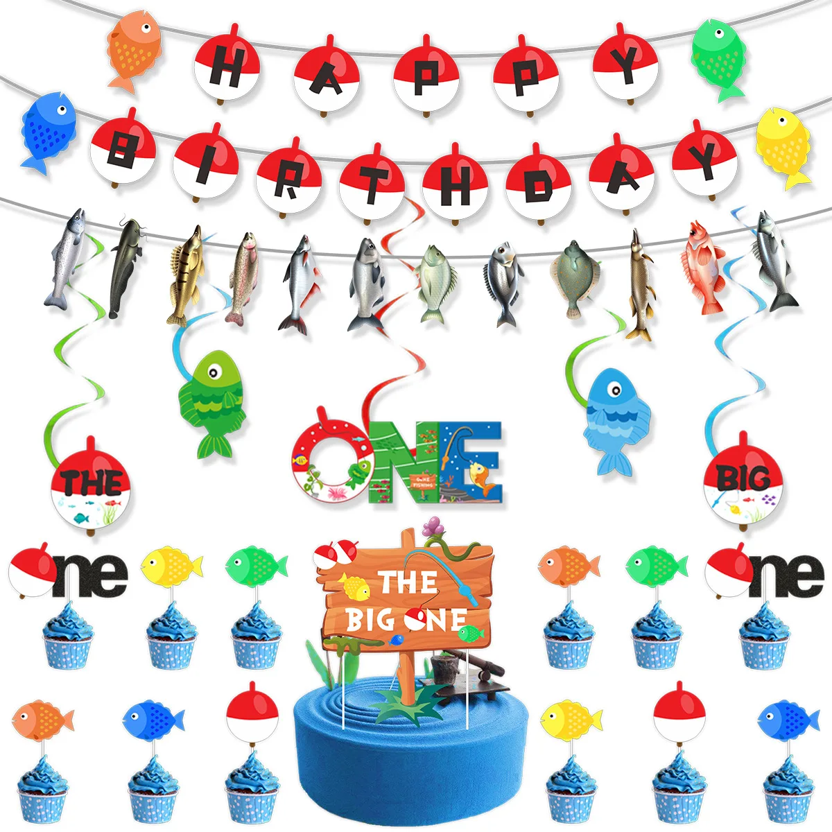 Gone Fishing Themed Birthday Party Supplies, Little Fisherman Cake Caps, Cupcake Caps, Flags, Banner