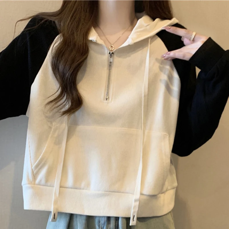 Sudadera con capucha de media cremallera para mujer, Tops de manga larga con capucha de Color de contraste suelto, ropa informal que combina con todo, primavera y otoño