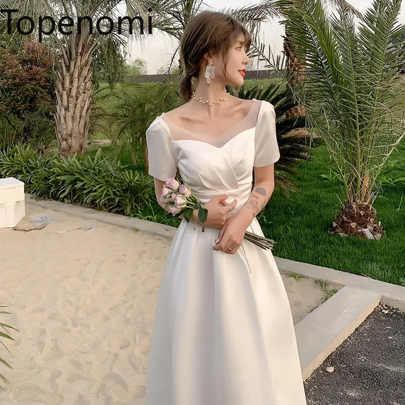 

Topenomi French Simple Satin Wedding Dress Women 2024 Summer Temperament Short Sleeve Waist White Marriage Party Prom Dresses