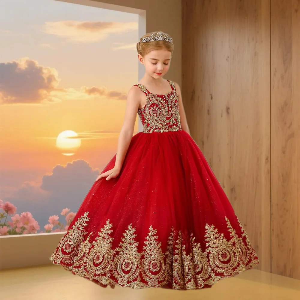 Quality Gorgeous Flower Girl Dress Red Sleeveless Tulle Fluffy Gold Applique For Wedding Dresses Kids Birthday Prom Banquet Gown