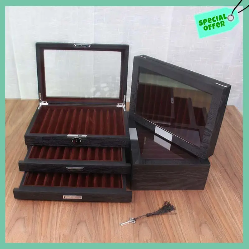 

1 PCS Wood Pen Display Box Deluxe Pen Case With Key Transparent Window Fountain Storage Showcase Organizer-Collection 12 Slots