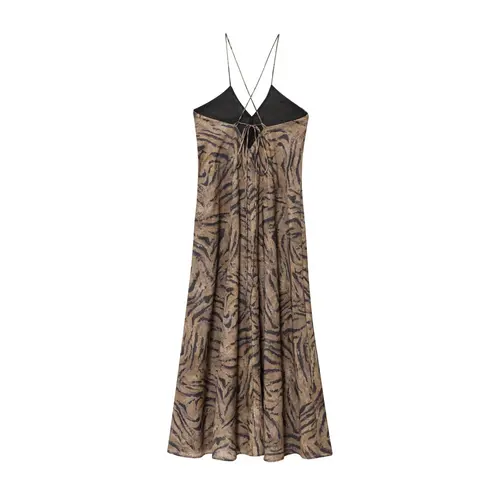 Imagen 2 del producto 2025 nuevo verano mujer casual simple moda sexy patrón de tigre drapeado sin espalda vestido largo con tirantes con cuello en V