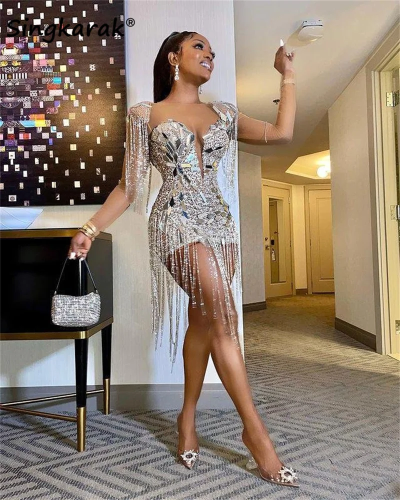 Sexy Silver Short Prom Dresses 2024 Luxury Beading Sequins Crystal Tassles Mesh Birthday Cocktail Party Gowns Robe De Bal