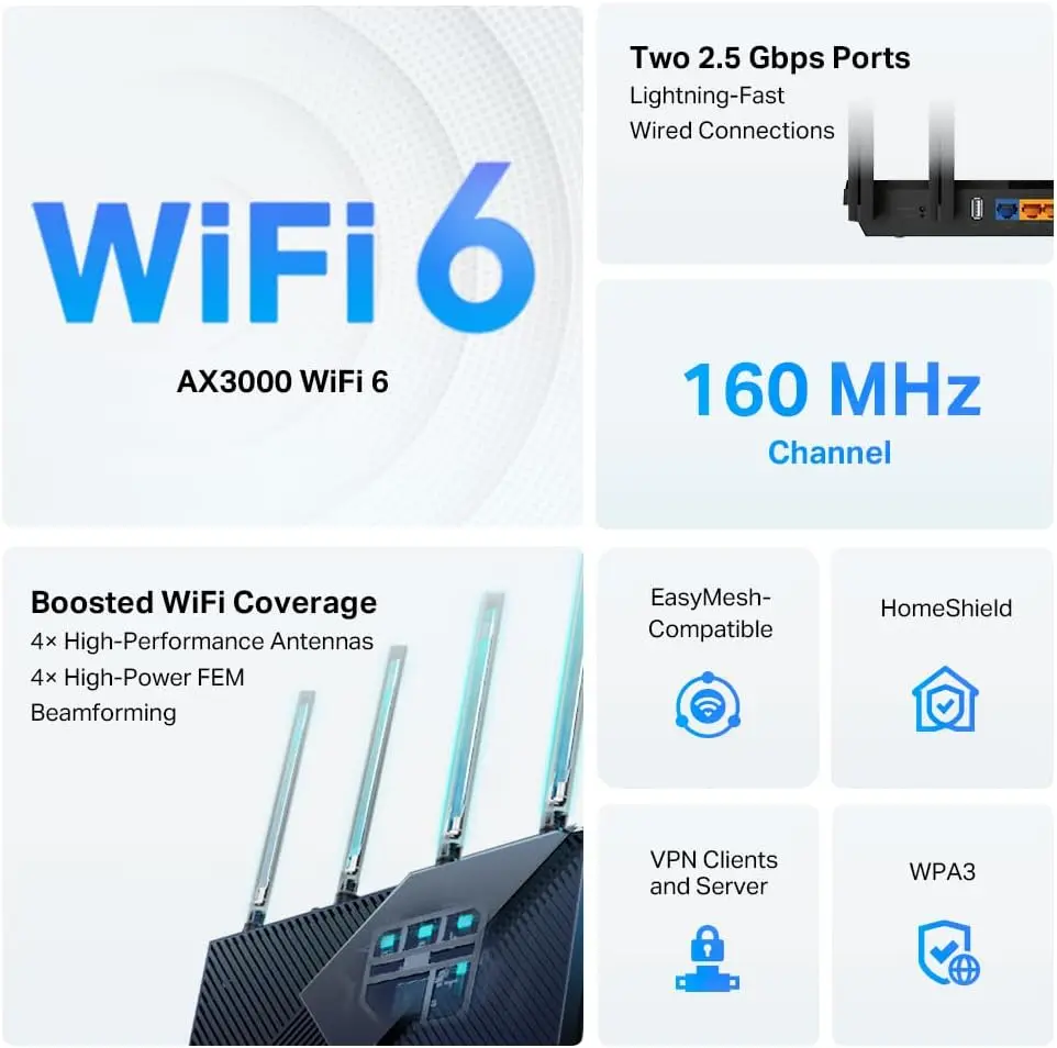 جهاز توجيه AX3000 WiFi 6 (Archer AX55 Pro) - إنترنت لاسلكي متعدد جيجابت، منافذ 2 × 2.5 جيجابت في الثانية، نطاق مزدوج، جهاز توجيه VPN، OFFDMA، MU-MIMO #1