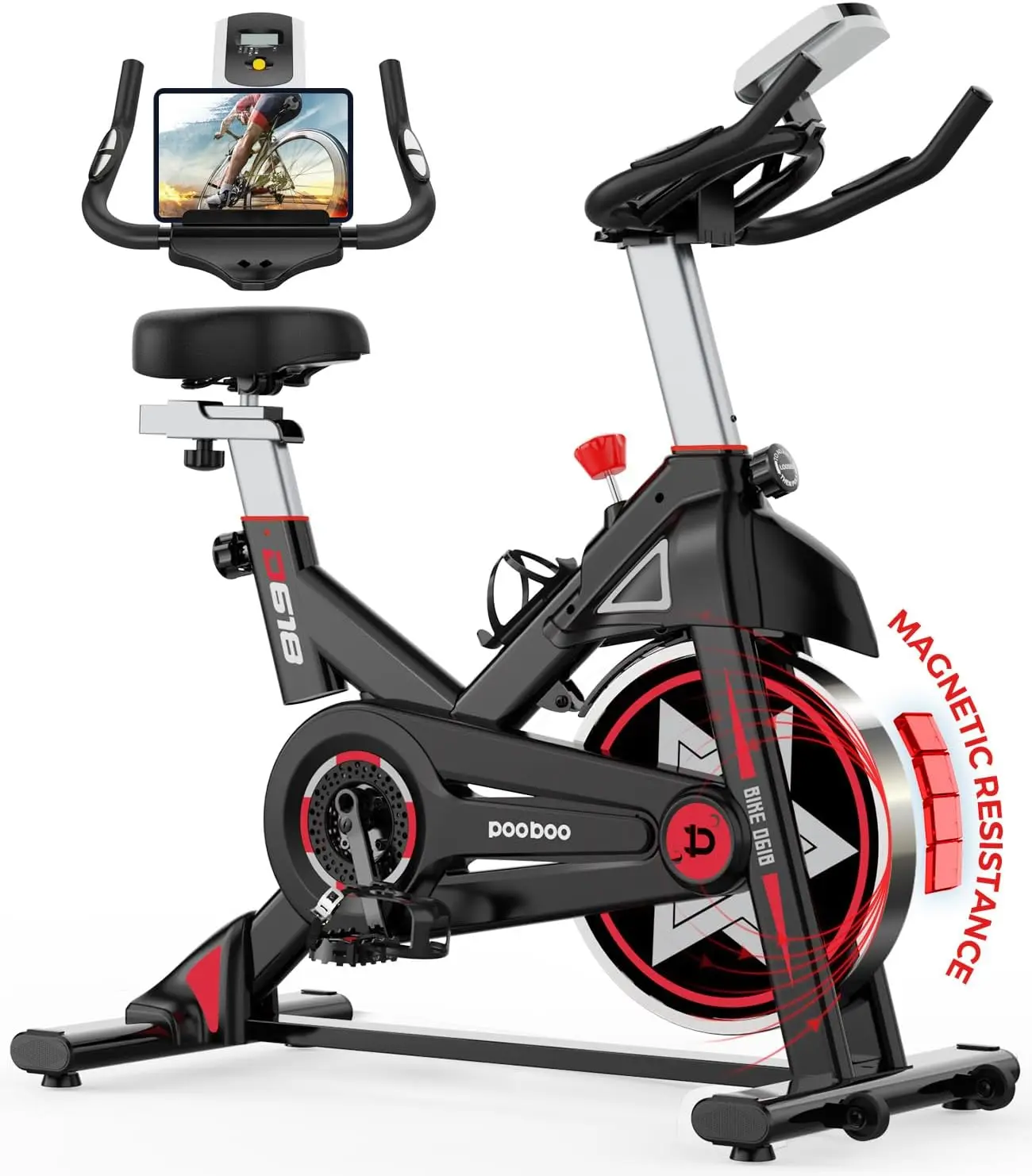 Cyclette, cyclette fissa per palestra domestica, bici da ciclismo per interni con resistenza magnetica con comodo cuscino del sedile e tablet