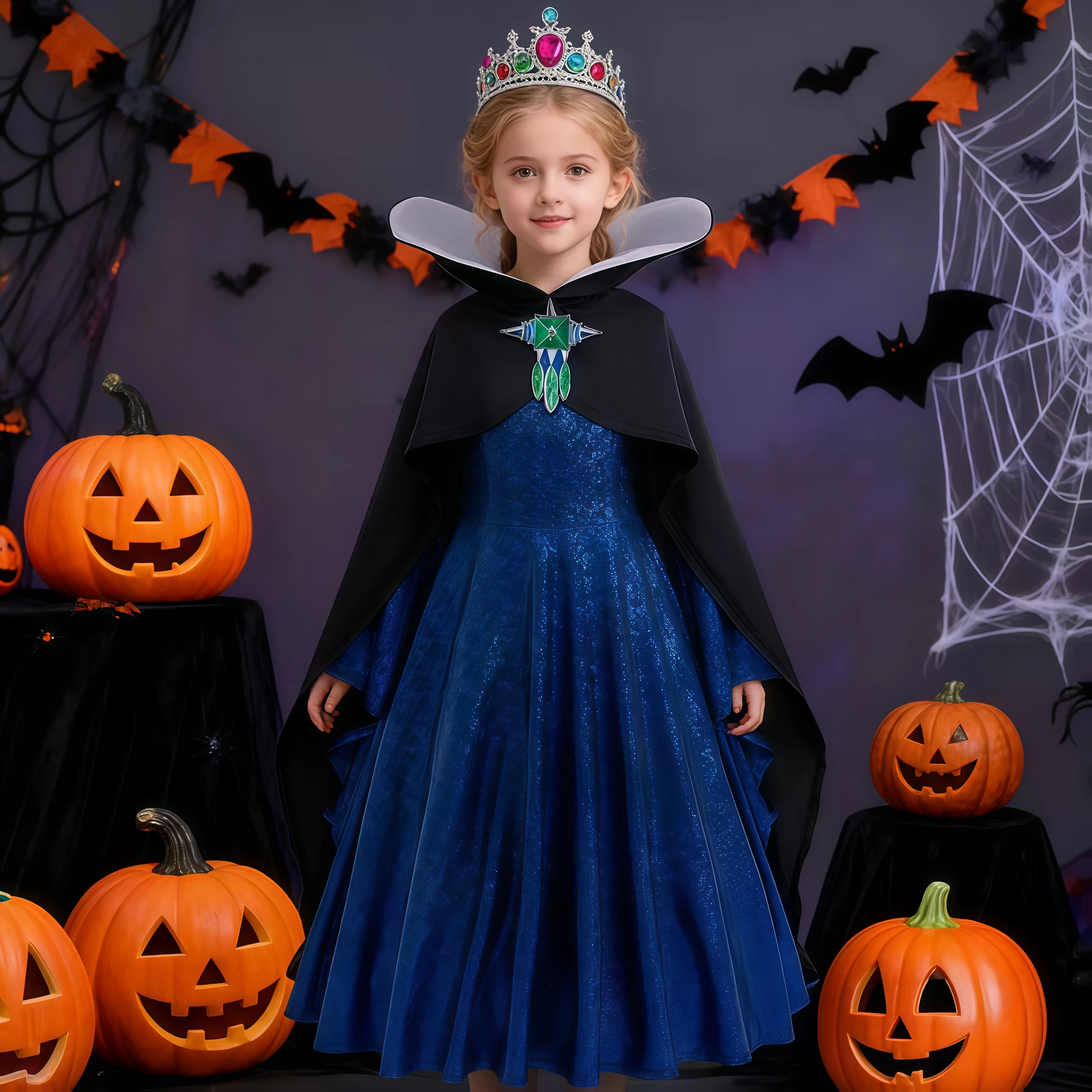 Girls Evil Queen Costume Set Long Dress Hooded Cape And Crown For Kids Devil Halloween Cosplay Birthday Party Fancy Outfit