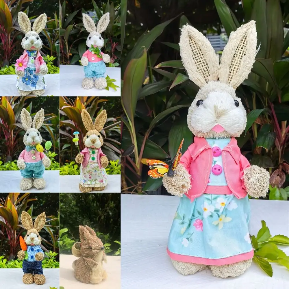 New High-25cm Straw Rabbits Handmade Hand Weave Rabbit Straw Figures Photography Props Gift Standing Rabbits Easter Party
