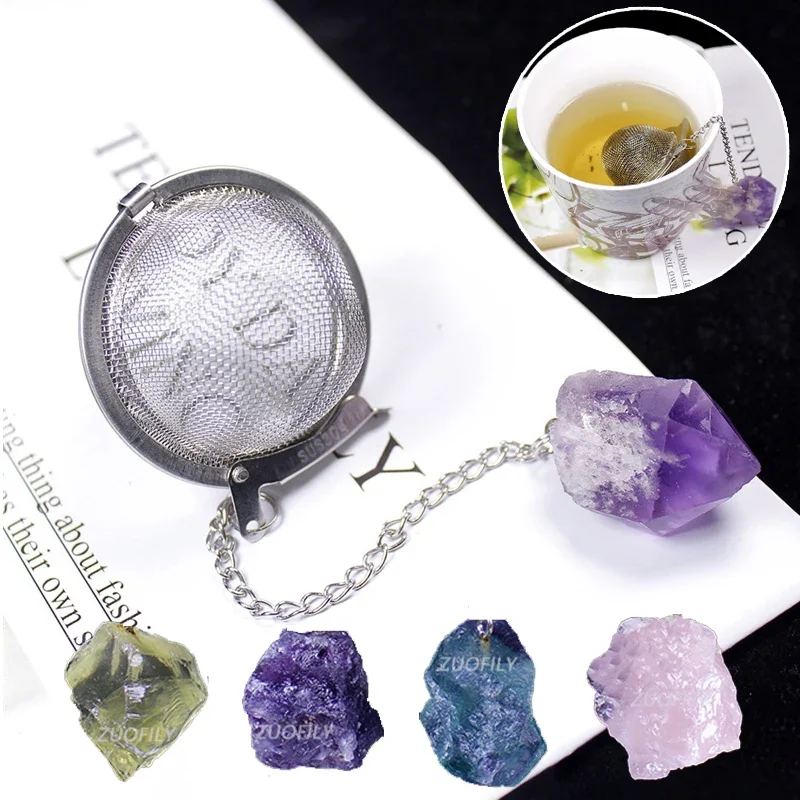 1pc Natural Crystal Stone Practical Tea Infuser Mesh Filter with Chain 304 Stainless Steel Tea Strainer Teapot Spice Kitchenware