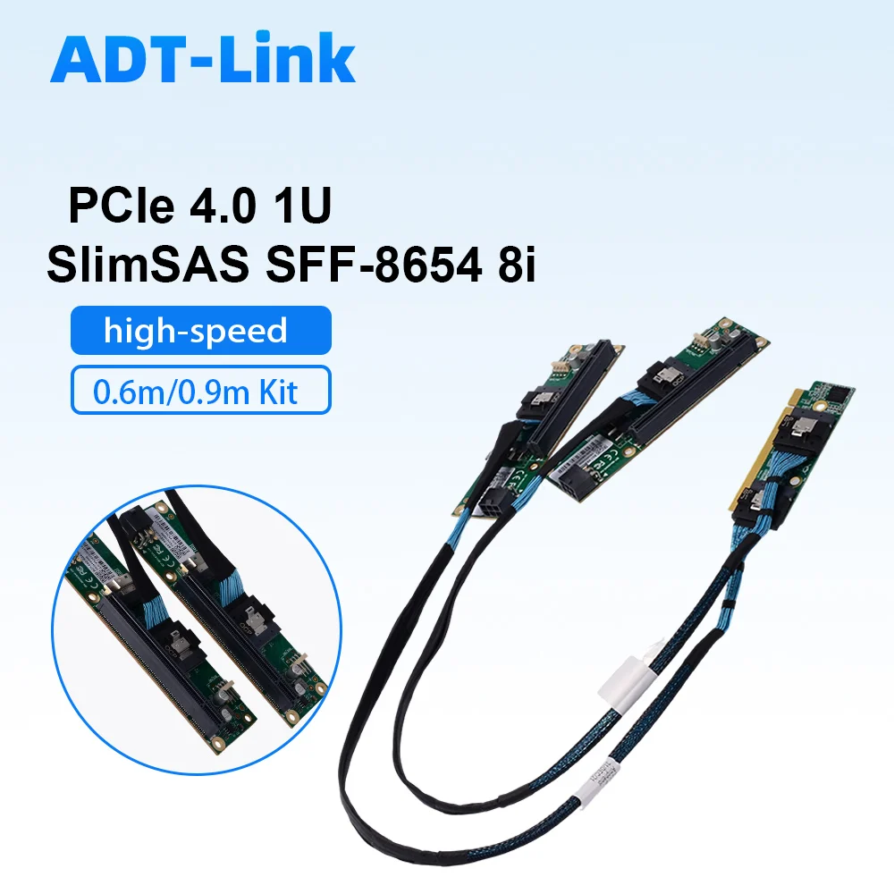 ADT-Link PCIe 4.0 8654 Adapter Card 1U ,MCIO Baseplate SlimSAS SFF-8654 8i Cable Riser Kit for eGPU Game GPU External Expansion