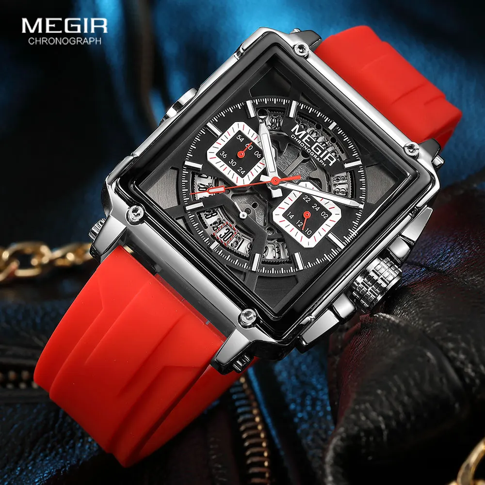 MEGIR Square Dial Sport Quartz Watch Men Fashion Waterproof Luminous Wristwatch with Chronograph Date Blue Silicone Strap 2233