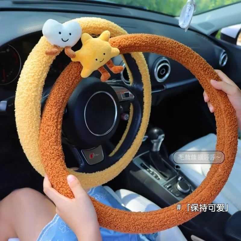 Universal Curly Plush Car Steering Wheel Cover Solid Color Fluffy Auto Steering Protector Warm Winter Soft Non Slip Car Interior