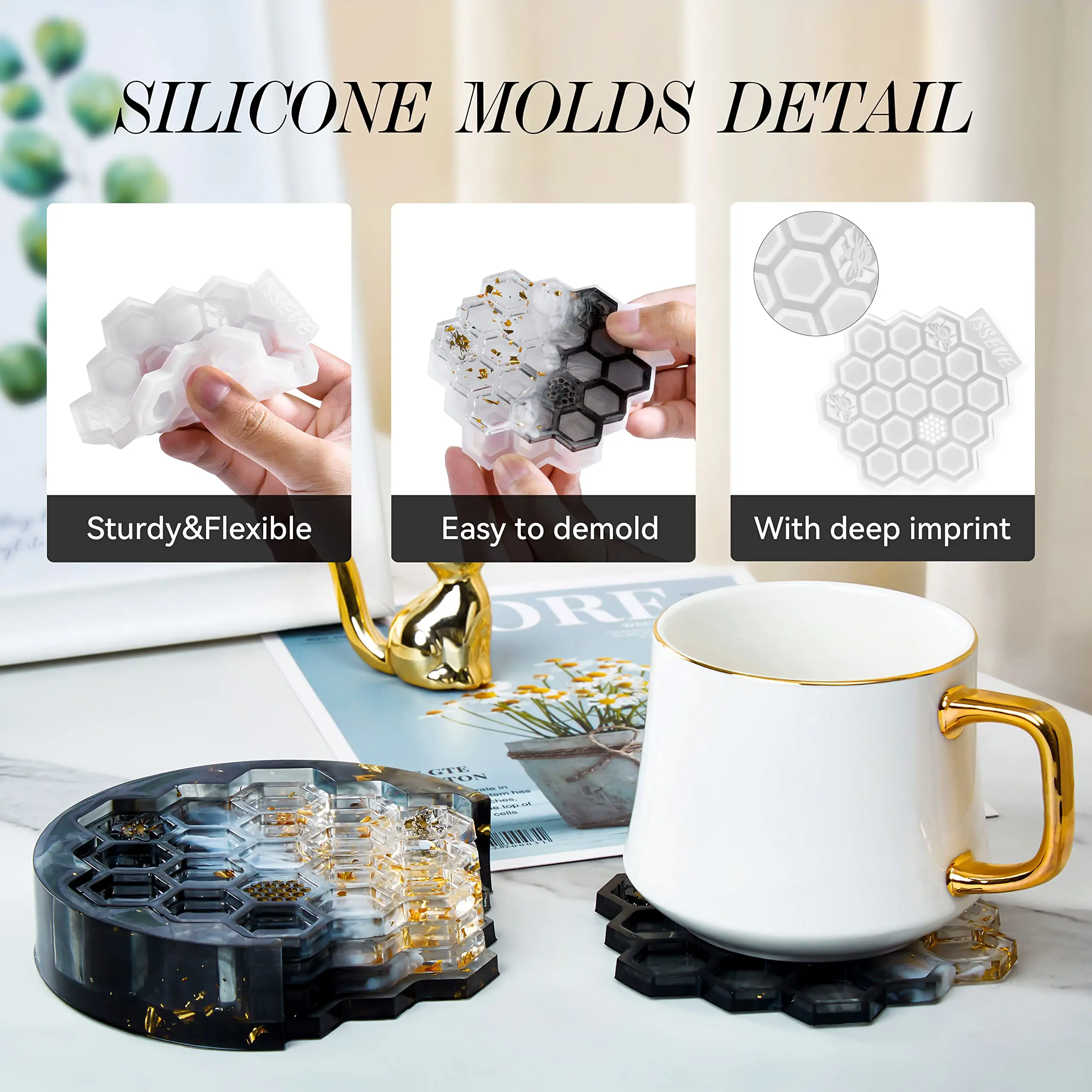1 Set Of Diy Silicone Coaster Mold, Honeycomb Crystal Drop Resin Coaster With Storage Rack Making Mold