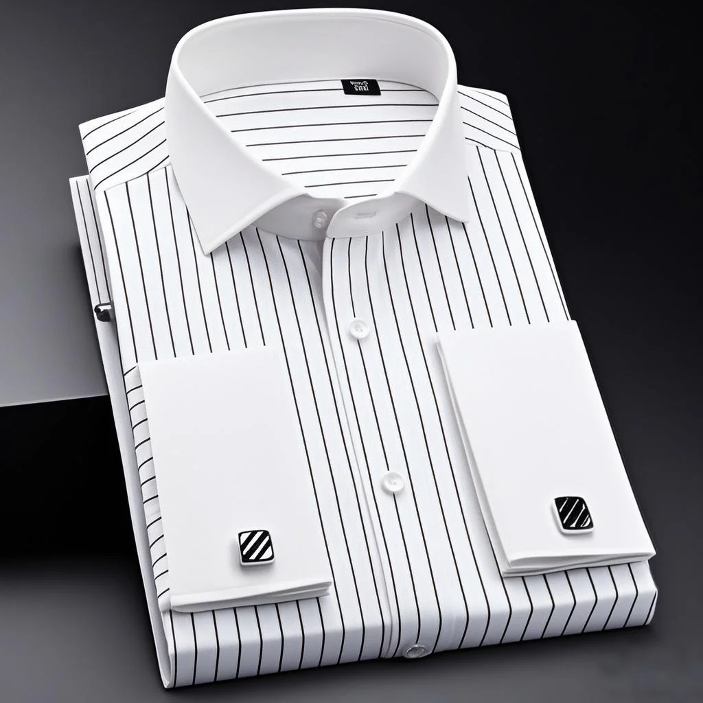 Men's French Cufflink Shirt Slim Fit Suitable for Business Formal Wear Striped  Men's Top for White