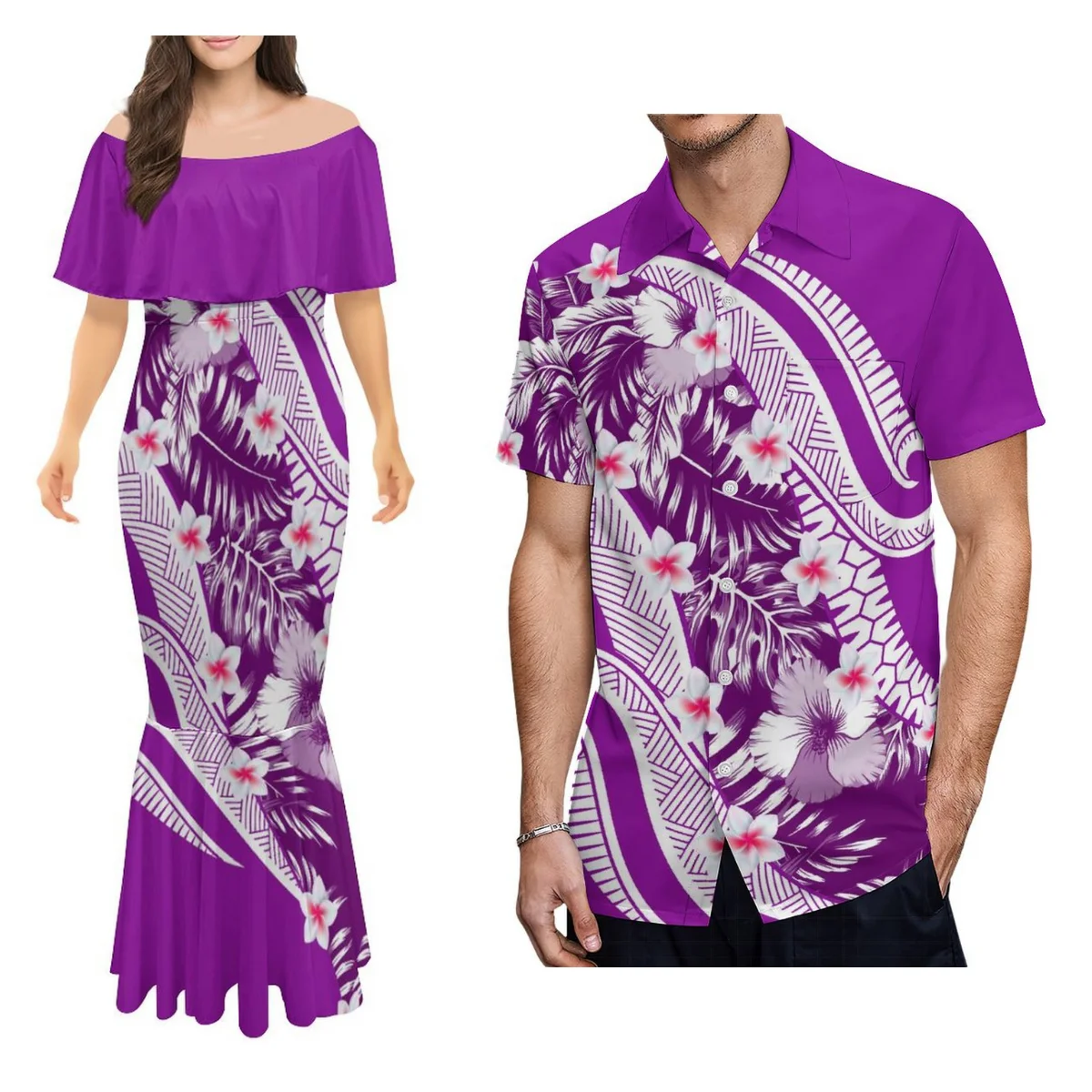 

Women'S Off-The-Shoulder Fishtail Dress Samoa Dinner Gown With Men'S Shirt Polynesian Matching Couple Suit