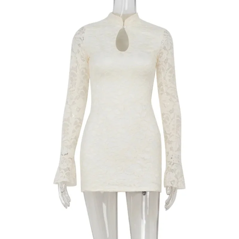 Sexy renda feminina mini vestidos sólido sheer oco para fora gola alta mangas compridas alargamento bainha bodycon streetwear vestidos
