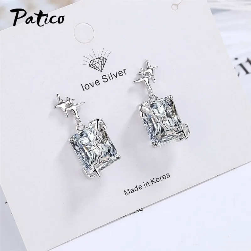 New Arrival Genuine 925 Sterling Silver Trendy Square Crystal Statement Stud Earrings For Women Girls Anniversary Gift Jewelry