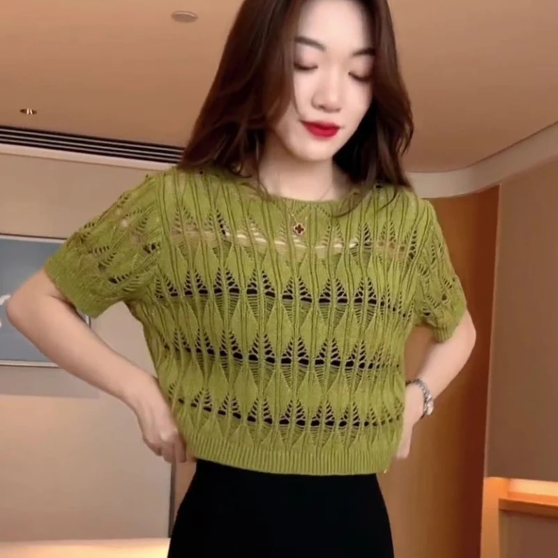 

Casual Women Beach Slim Tops Female O-Neck Summer Hollow Out Knitting Shirt Chic Short Sleeve Knit Fishnet Pullover T-shirt Q147