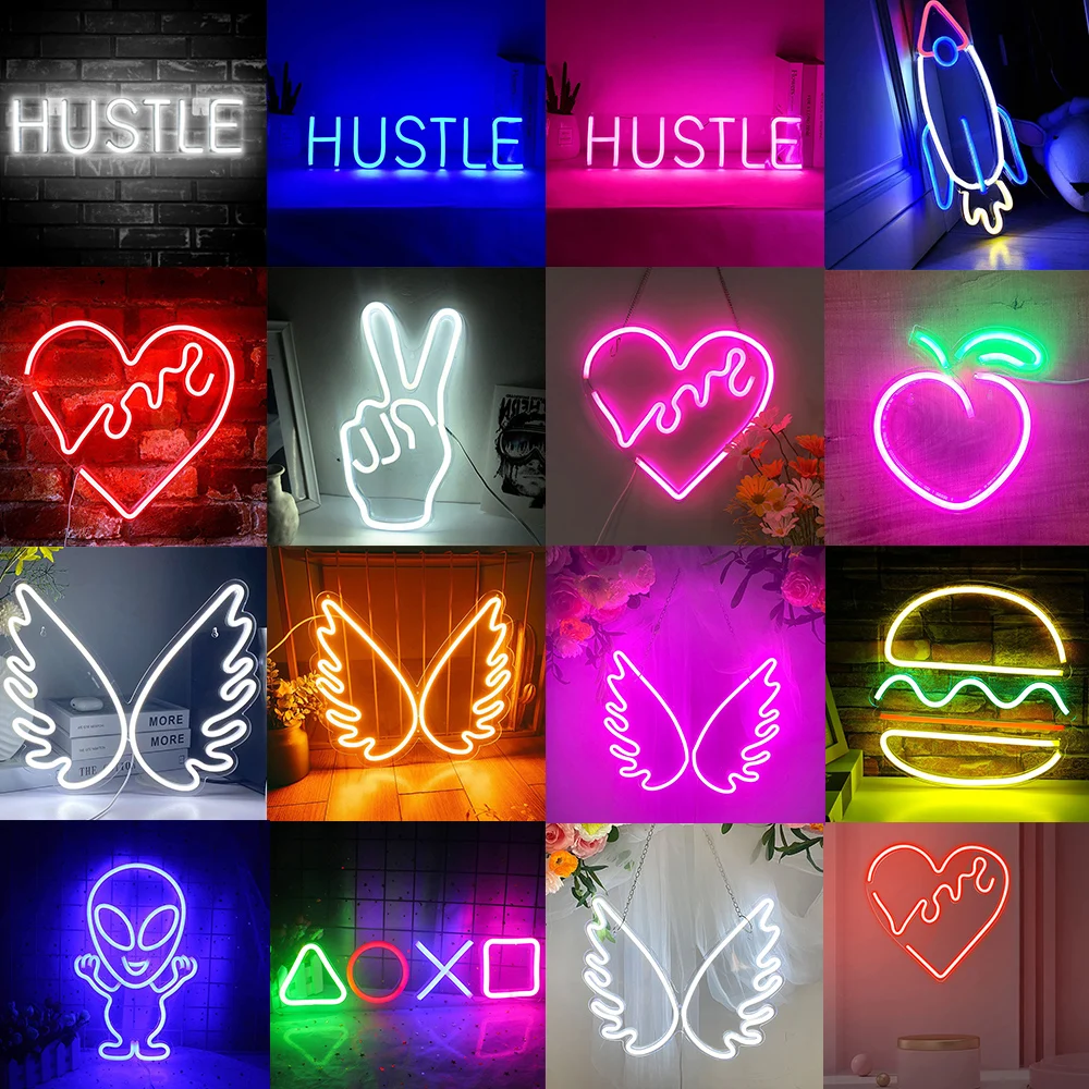 HUSTLE LED Neon Sign Lights Bar Party Gaming Room Hanging Large Neon Lights Signs Wing Wall Art Decor Heart Night Lamp Hambuger