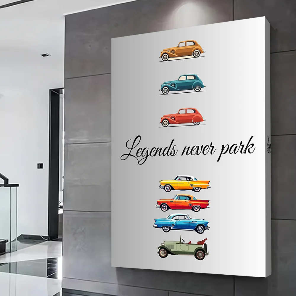 Legends Never Park: Classic Car Poster Customizable Printed Canvas Painting for Pictures Wall Art Room Decorating Interior Mural