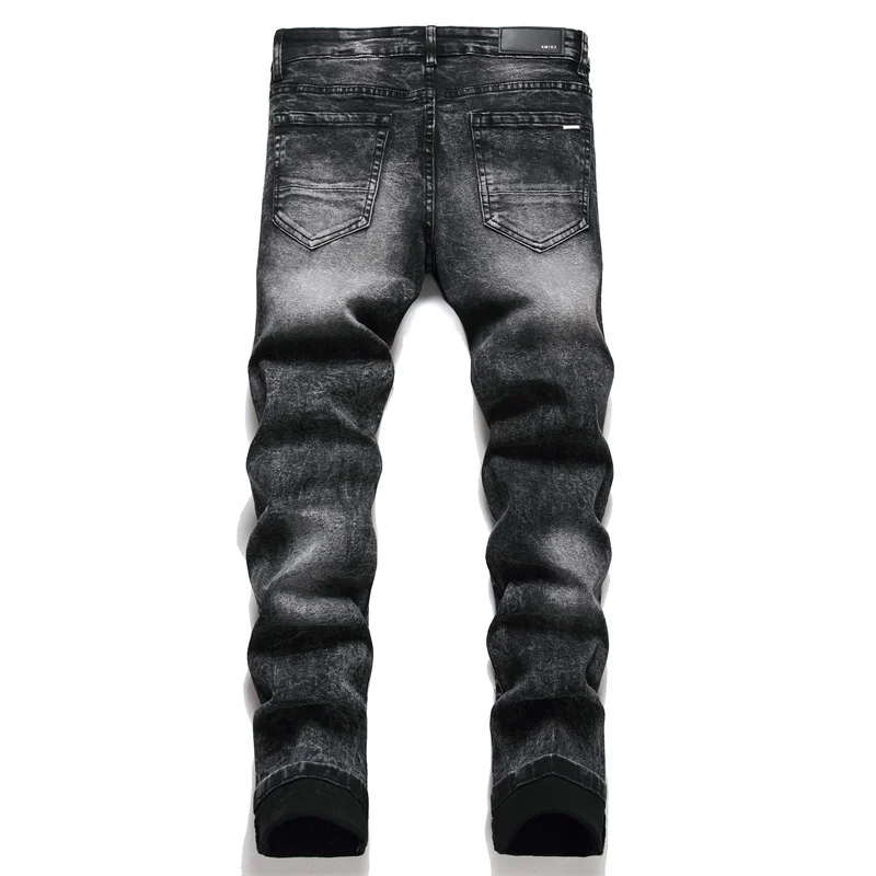 Stitching Stars Jeans Black and Gray for Men Fashion Street Handsome Slim-Fitting Fashion Ripped Skinny Motorcycle Trousers