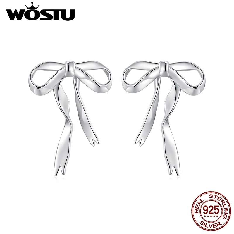 WOSTU 925 Sterling Silver Ribbon Bow Drop Earrings For Women Girls Cute Korean Bow Ear Studs Wedding Jewelry Minimalist