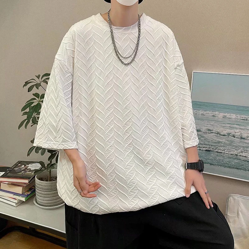 

3d Texture Folds Short Sleeve Men Oversize Sweatshirt Summer 2022 Korean Harajuku All-match Top New Street Casual Fashion Design