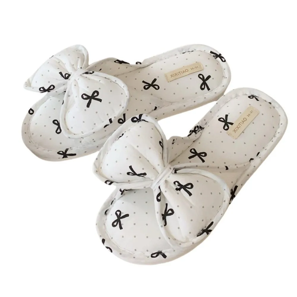 

Уютные тапочки в корейском стиле с бантом, из хлопка и льна, мягкие, в горошек, милые, бесшумные, на одной лямке, для дома