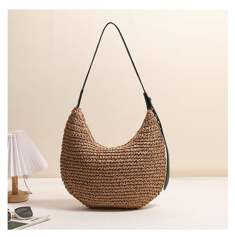 Modische Unregelmäßige Strohtasche Schulterhandtasche Einfarbig Neue Strand-Urlaubstasche für Damen Geflochtene Schultertasche Accessoire – Detail 7