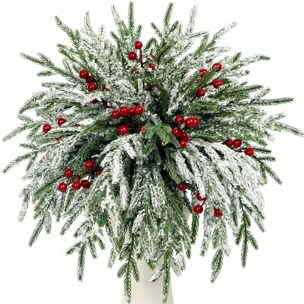 

20pcs Artificial Norfolk Pine Branches With Red Berries For Seasonal Holiday Wreaths Vase Centerpieces And Home Decorations