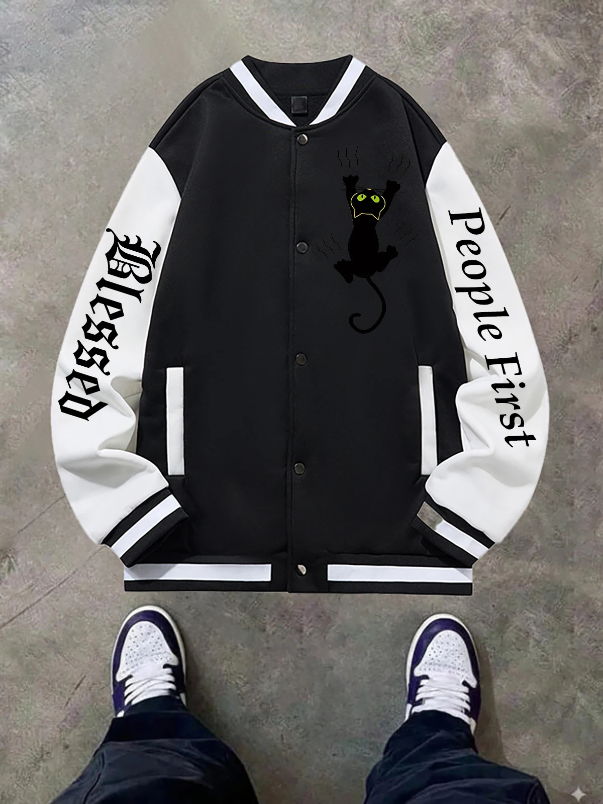 

Black Blue Green Double-Sided Print Jacket Loose Oversized XS-XXL Unisex Baseball Jacket Streetwear Coat Warm Fleece Soft Jacket