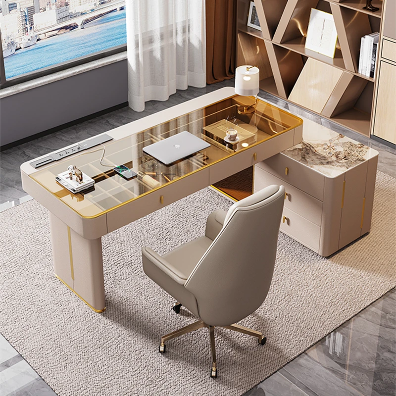 Light luxury desk household computer table rock slab desk high-end corner dresser all solid wood storage cabinet integrated