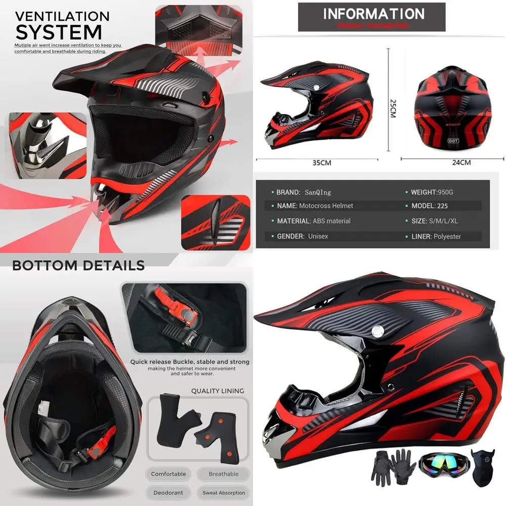 

Молодежный велосипедный шлем для квадроцикла с перчатками, очками и маской — сертифицированный DOT, комплект из 4 предметов, размер S, красный