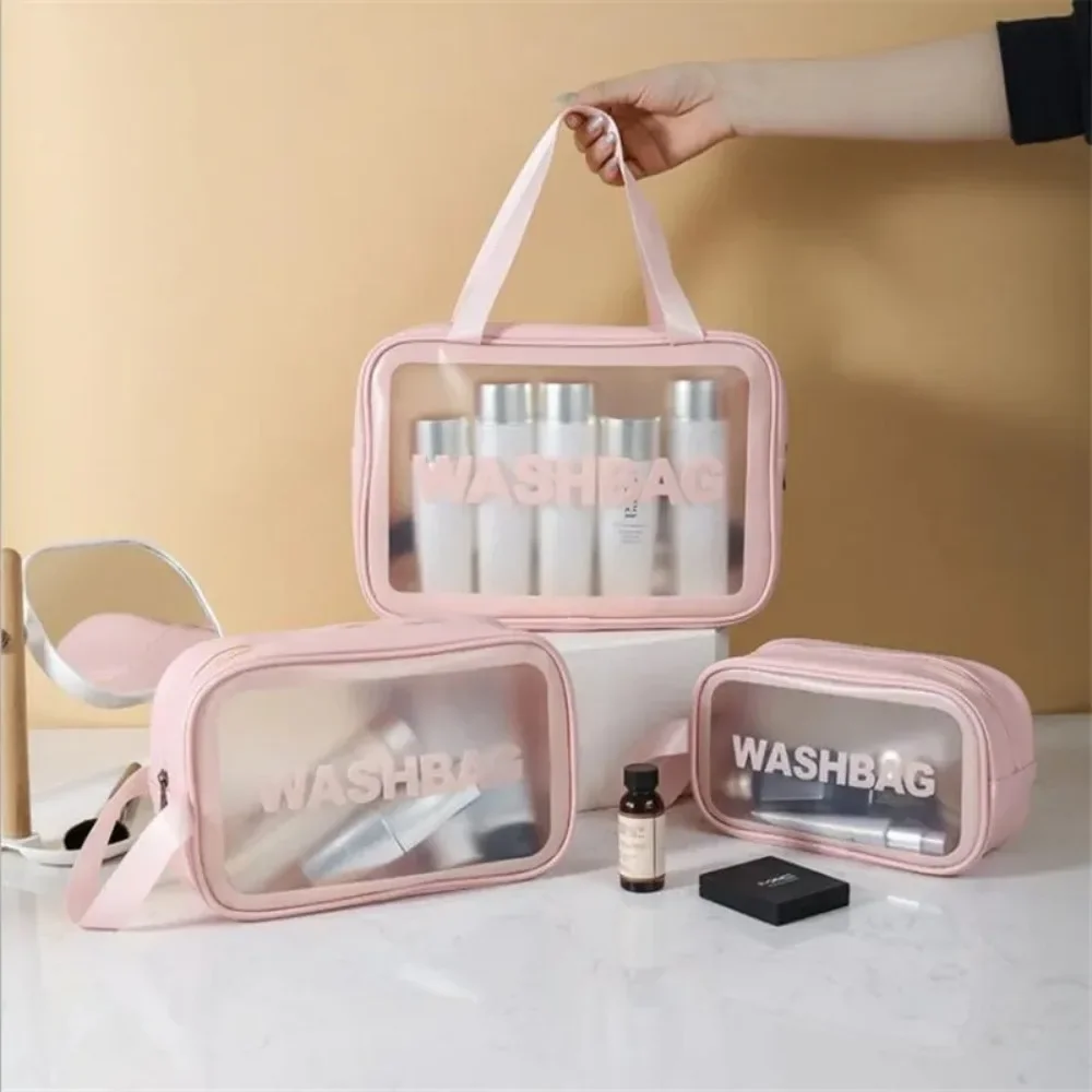 Pu Transparent Three Piece Makeup And Toiletries Bag, Large Capacity Pvc Semi Transparent Frosted Portable Storage Bag
