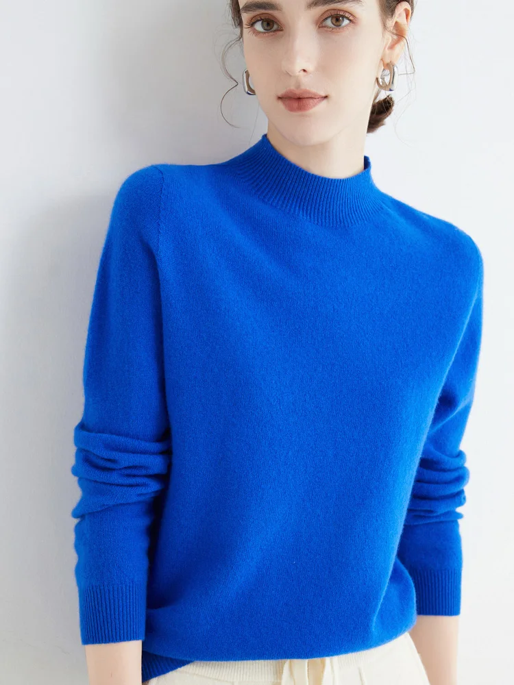 Women's Wool Sweater Mock Neck Long Sleeve Basic Pullover Sweater 100% Merino Wool Knitwear Female Clothes Autumn Winter Top