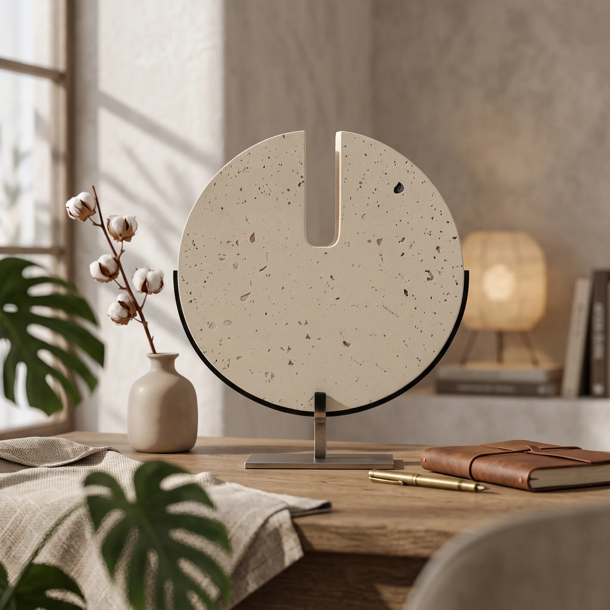 Stone-Look Sculpture with Metal Stand Wabi-Sabi U-Shaped Sculpture Statue Speckled for Home Decorators, Living Room, Bookshelf