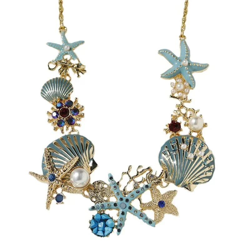 Beach Multicolor Starfish Shell Shining Rhinestones Pendant Necklace Bracelets Set