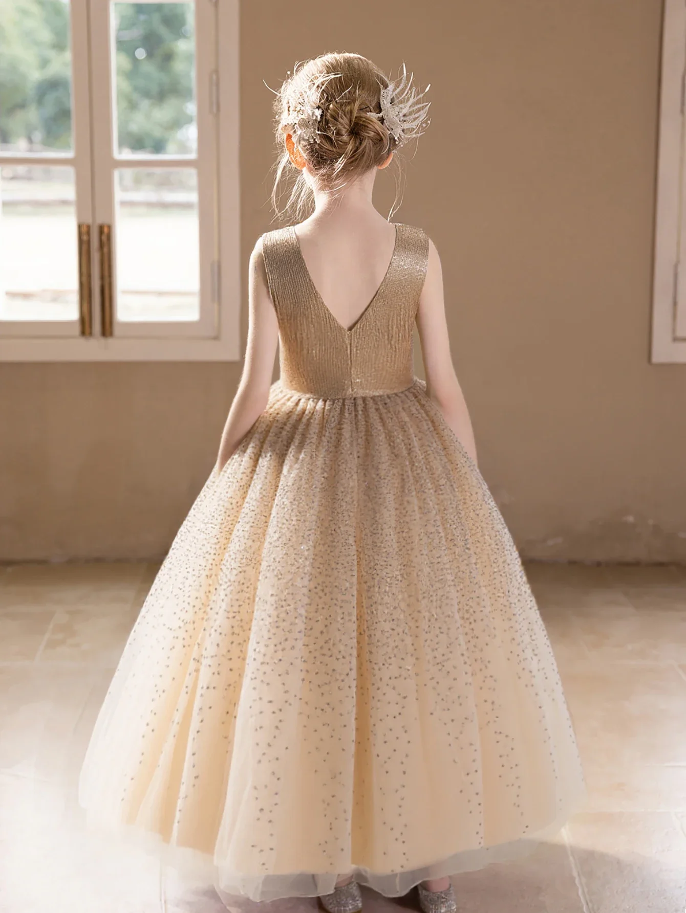 여자 민소매 스팽글 보디스 Tulle Ball 가운 반짝이 도트 스커트 디자인 공식 행사 결혼식 꽃 소녀 생일 축하