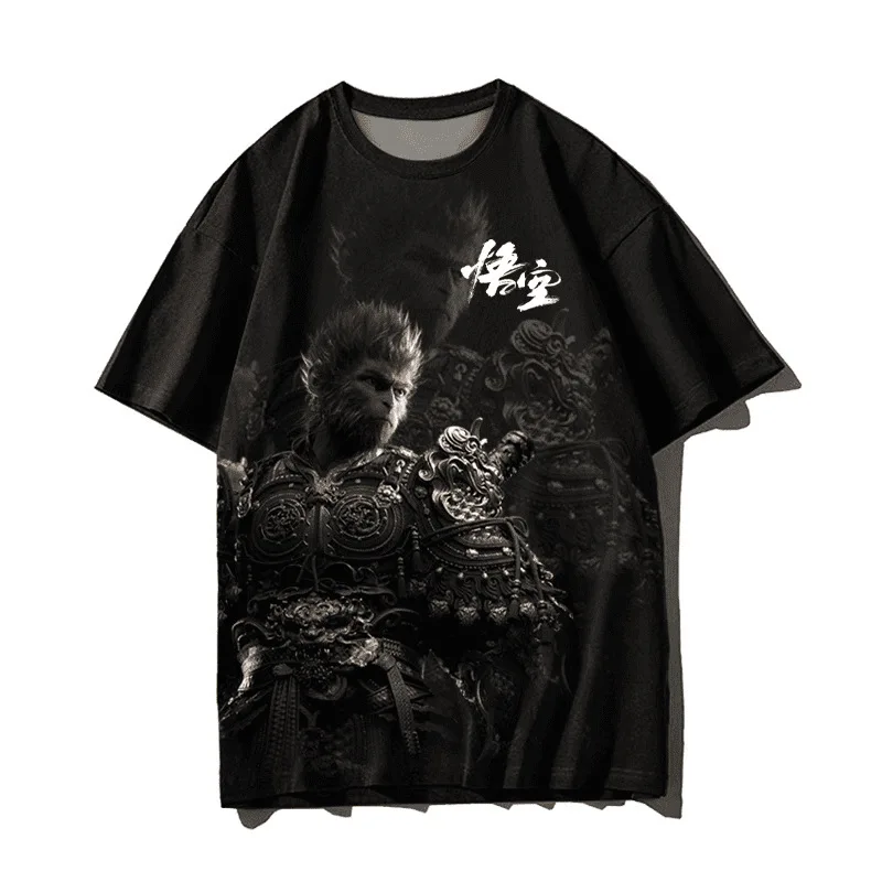 Camiseta de jogo de manga curta para meninos e meninas, respirável presente solto, mito preto Wukong, seda gelada, secagem rápida, novo, verão