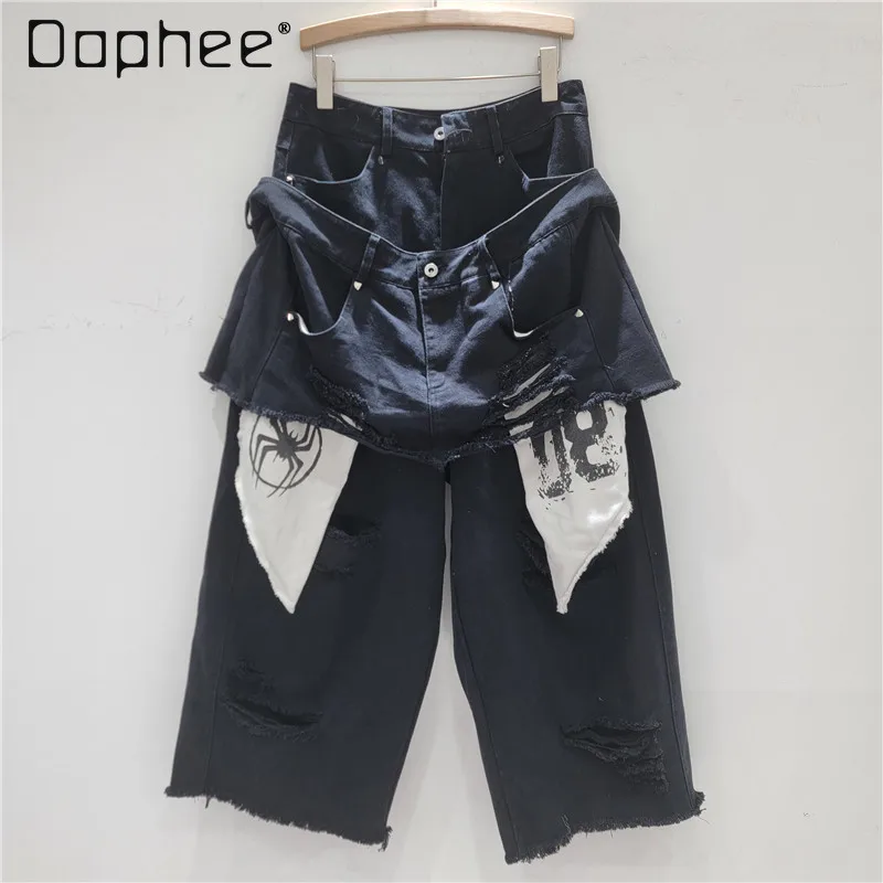 

Street Punk Style Hot Girl Fake Two-Piece Patchwork Color Letter Print Ripped Cargo Pants Women Fashion High Waist Slim Jeans