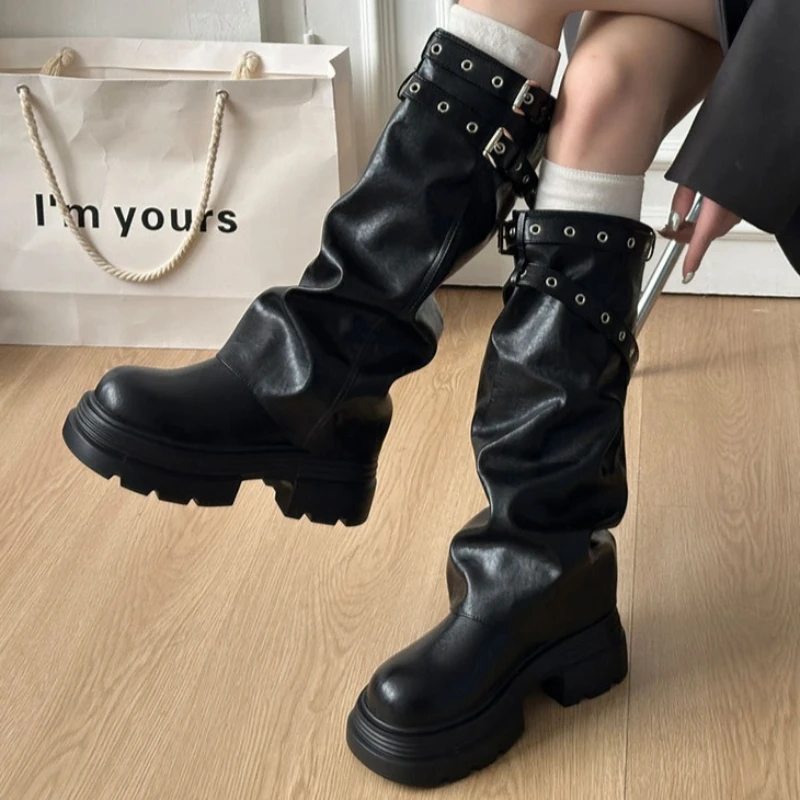 new-design-chunky-shoes-women-biker-boots-platform-belt-buckle-women's-knee-high-booties-gladiator-punk-long-tube-botas-mujer