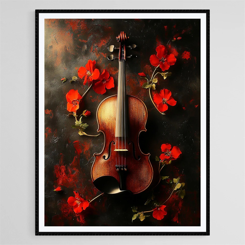 Persian Tulip Art Print Safavid Carpet Floral Illustration Poster Violin and Red Flowers Art Print Elegant Musical Canvas Print