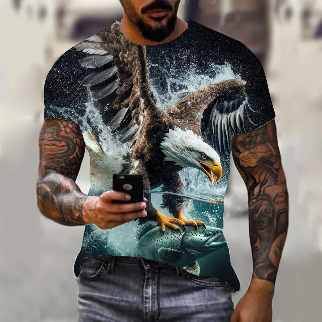 Harajuku Men's Shirts Hip Hop Trend Street Round Neck Short Sleeve Loose Tops Fun 3D Animal Eagle Women's Shirts Kids Tshirt