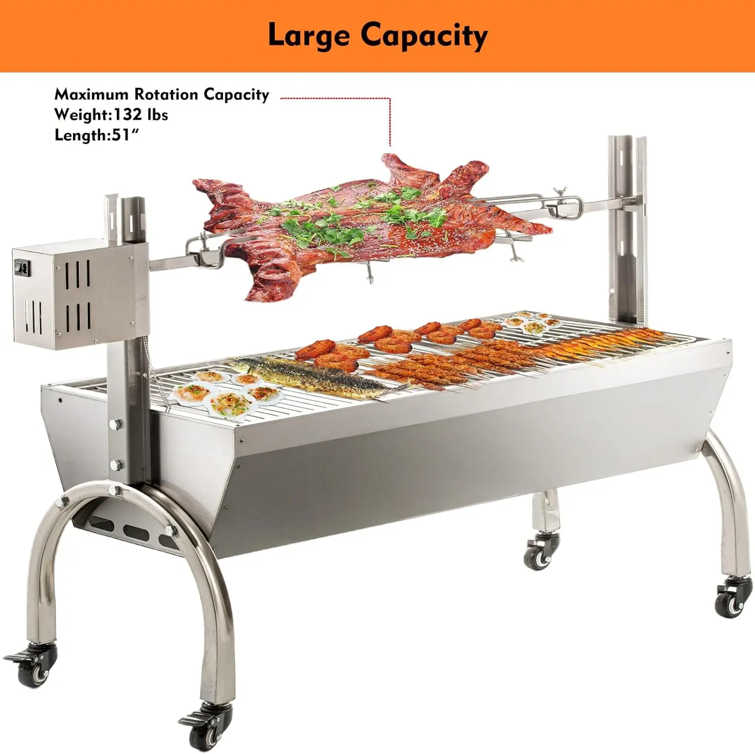 50W Rotisserie Grill With Wind Screen Roaster 51 Inch BBQ Outdoor Pig Lamb Rotisserie Roaster 132LBS/60KG Stainless Steel Charco