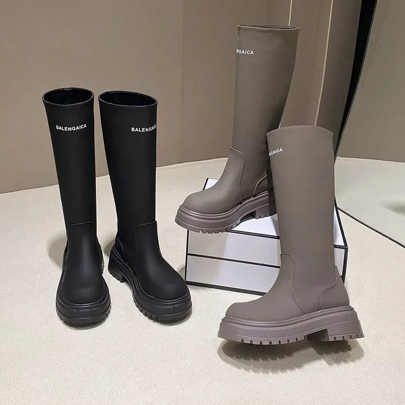 Women Boots with Thick Soles Medium Sleeves Autumn Long Sleeves with Back Zippers Elephant Gray Knight Boots for Women in Europe